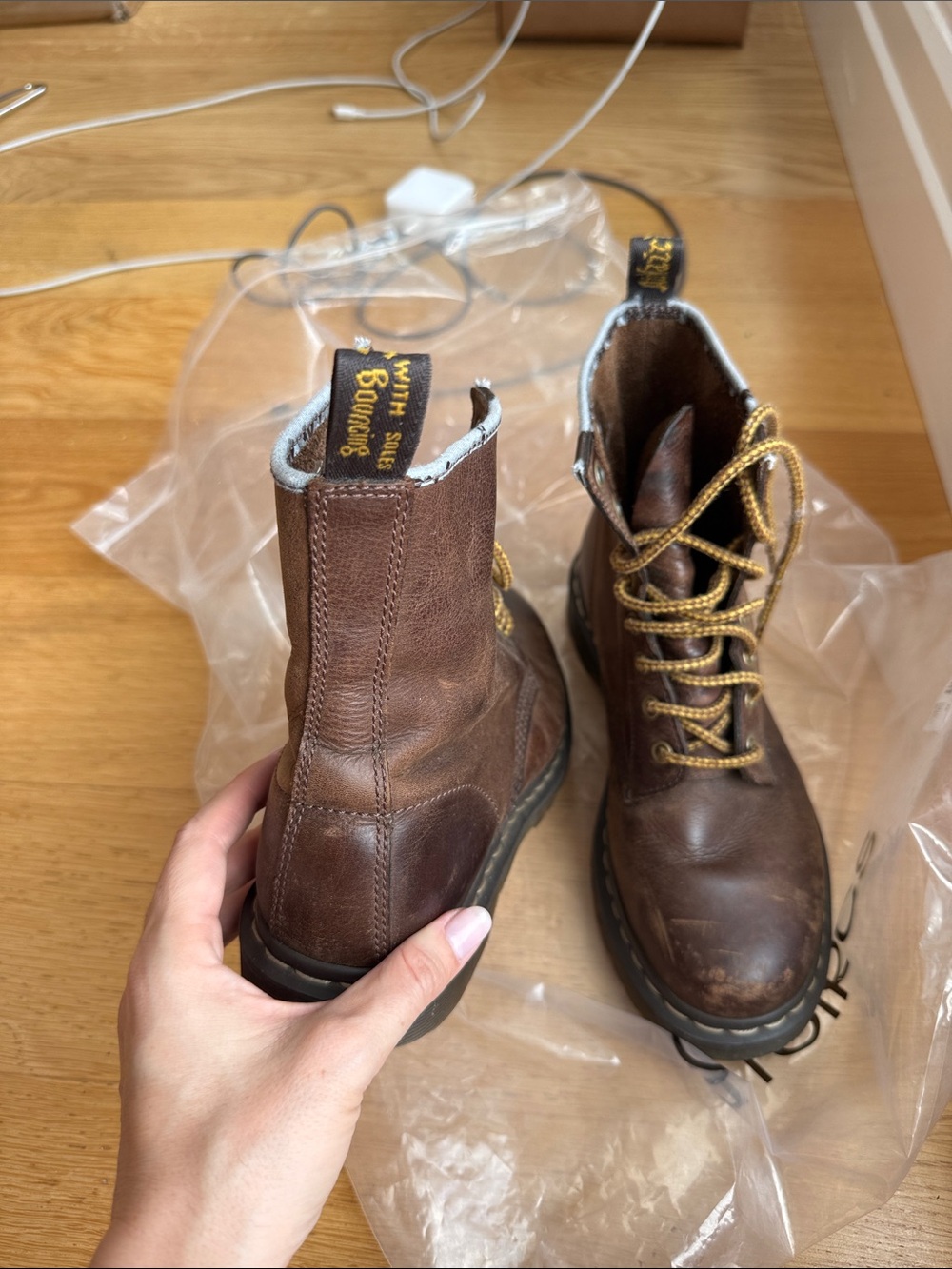 Dr. Martens Brown Leather Lace-Up Boots with Yellow Laces